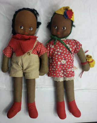 Vintage African American Cloth Rag Dolls 17 " Boy Girl By Childhood Classics Ny