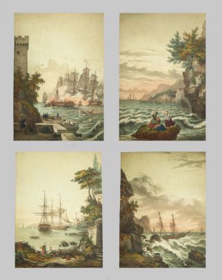 Antique Vtg Mid 19th C 1850s Set Of 4 Naval Hand Colored Lithograph Sailing Ship