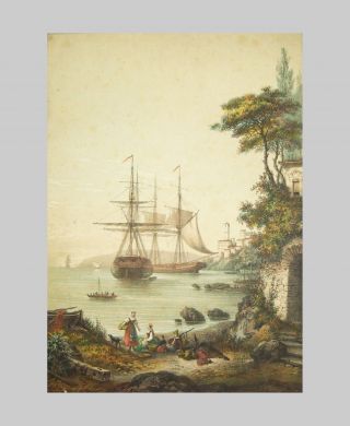 Antique vtg Mid 19th C 1850s Set of 4 Naval Hand Colored Lithograph Sailing Ship 3
