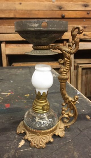 Small Miniature Mini Glass Oil Lamp In Ornate Brass Stand Usa Made By Cresolene.