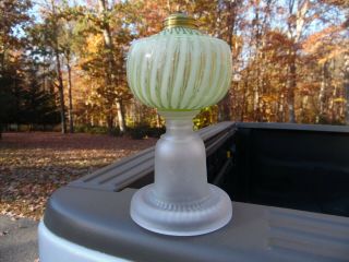Gorgeous Antique Victorian Vaseline Opalescent Striped Oil / Kerosene Lamp Stand