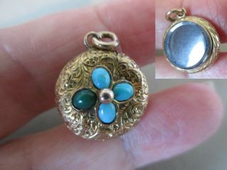 Antique Vintage Victorian Gold Turquoise Mourning Locket Fob Charm Pendant Old