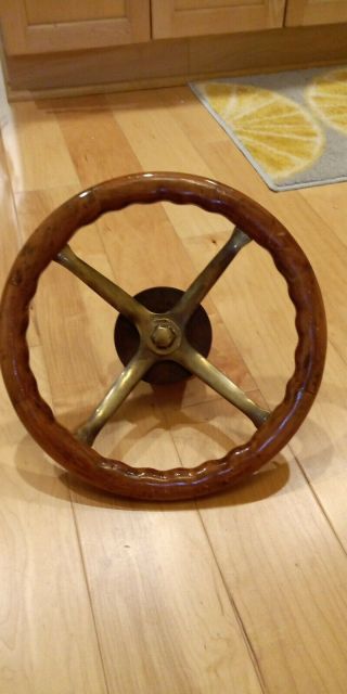 Antique Vintage Wood And Brass Boat Steering Wheel