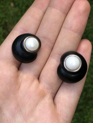 Patricia Von Musulin Ebony And Pearl Sterling Silver Shell Clip On Earrings
