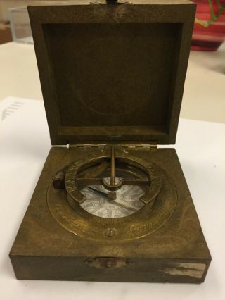 Handmade Brass Sundial Compass Pocket Antique Made In Spain In Carved Box