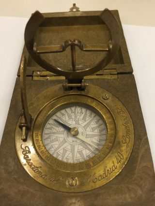 Handmade Brass Sundial Compass Pocket Antique Made in Spain In Carved Box 2