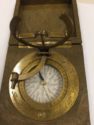 Handmade Brass Sundial Compass Pocket Antique Made in Spain In Carved Box 3