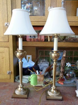 Pr Vintage Frederick Cooper Brass Urn Candlestick Banquet Buffet Lamps