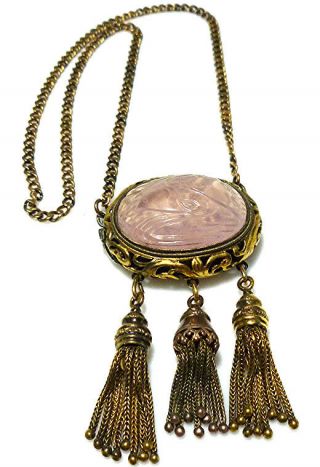 Victorian 14k Yellow Gold Carved Pink Rose Quartz Tassel Marriage Necklace 16 "