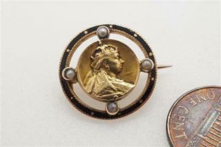 Antique English 18k Gold Enamel Pearl Queen Victoria Mourning Brooch C1901