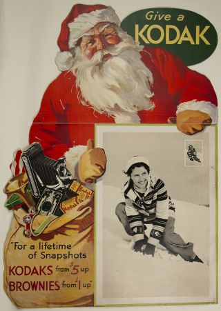 Vintage 1940s Santa Claus Kodak Cardboard Christmas Advertising Display Sign