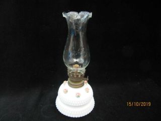 Vintage Small Floral Decorated White Glass Oil Lamp With White Glass Chimney