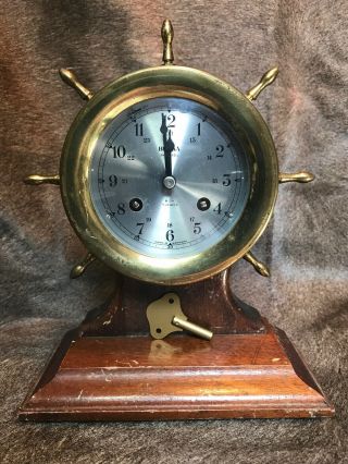 Vintage Brass Bulova Ships Bell Clock W/original Key& Walnut Stand 686.  Gremany