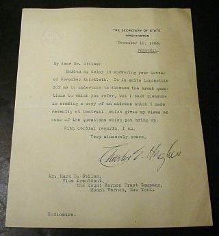 1923 Secretary Of State Charles Evans Hughes Signed Letter,  Washington D.  C.