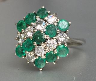 Estate Diamond & Natural Green Emerald 18k White Gold Dinner Ring