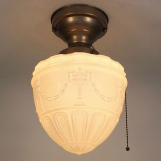 Vintage Victorian Art Deco Milk Glass 9 " Globe Shade Flush Ceiling Light Fixture