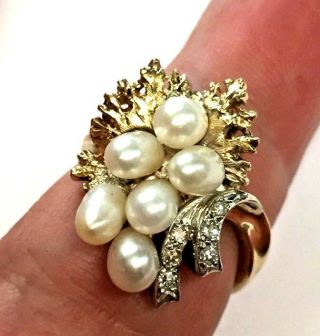 Vintage 14k Gold Pearl & Diamond Cluster/cocktail Ring - Size 7.  75 (8.  8 Grams)