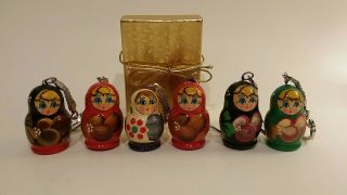 Set Of 6 Russian Matryoshka Nesting Doll Keychains Handpainted,  Gift Box