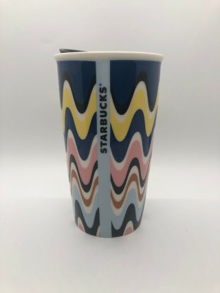 Starbucks 12 Oz Ceramic Tumbler Travel Mug With Lid Pastel Waves Wavy