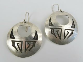 Vintage Old Pawn Large Sterling Silver Overlay Round Dangle Hopi Earrings