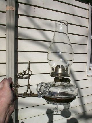 OLD ORNATE 1890s ANTIQUE CAST IRON WALL BRACKET FINGER OIL LAMP 2