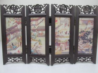 Vintage Chinese Handwork Mini Folding Screen Decor 6 In Tall 9,  5 In Wide
