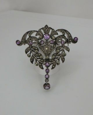 Vintage Silver Metal Brooch / Pendant With Marcasite & Amethyst Coloured Stones