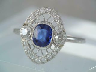 Antique Art Deco Platinum & 18k Gold Mine Cut Diamond Blue Natural Sapphire Ring