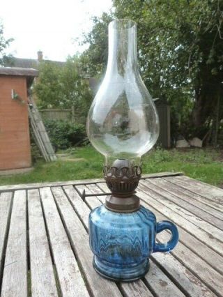 Lovely Small Antique Vintage Hinks & Son Birmingham Blue Glass Oil Lamp.