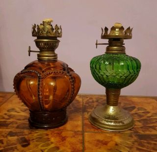 Retro Glass Oil Lamps Green And Brown Crown Both And 6inch