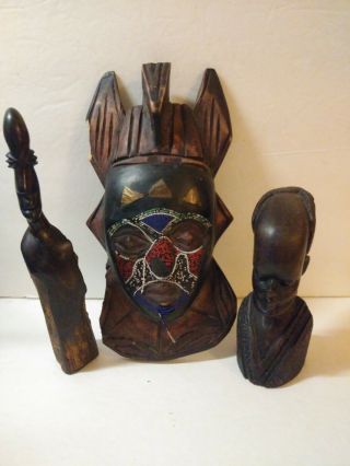 3 Vintage African Wood Carvings - Mask Beads Effigy Sculpture Ebony