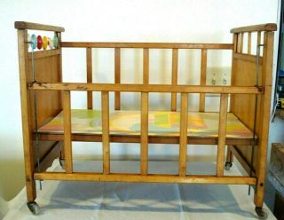 Vtg Wooden Rolling Baby Doll Crib Toy Play Bed Lamb 26 " X16 " X20 " Drop Side Rails