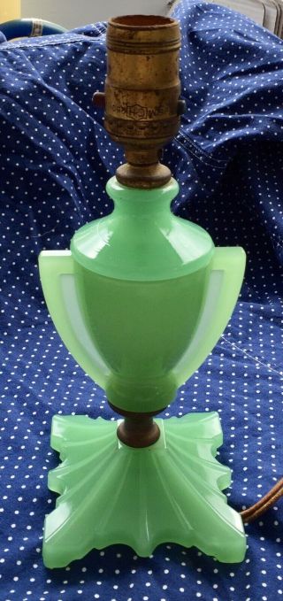 1920’s Art Deco Jadeite Houzex Table Lamp Fire King Or Mckee Go Along