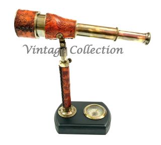 Nautical Antique Brass Leather Engraved Telescope With Compass On Wooden Base
