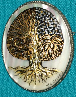 " Golden Tree Of The Life " Russian Hand Painted Fedoskino Mop Brooch