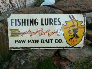 Fishing Lures Porcelain Sign Domed Rar Advertising Vintage Old Paw Paw Bait Usa