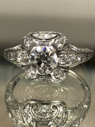 Victorian Art Deco.  75 Ct Center 18k White Gold European Cut Round Diamond Ring