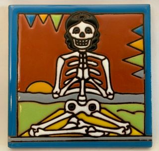 6 " Mexican Talavera High Relief Tile Day Of The Dead Yoga Pose Woman