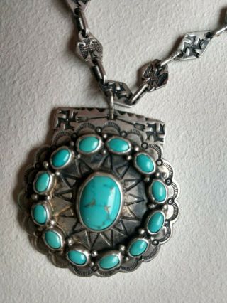 Antique Vintage Navajo Coin Silver Turquoise Necklace Whirling Logs