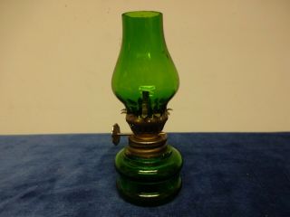 Vintage Miniature 4 " Green Glass Oil Lamp.