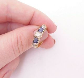 18ct Gold Old Cushion Cut Diamond Sapphire Ring,  Victorian 5 Stone