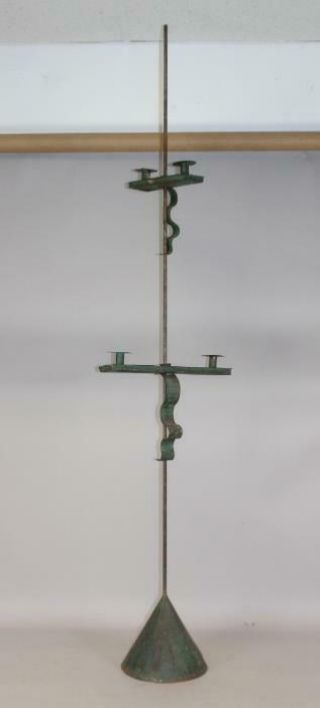 Rare 18 - 19th C Tin Adjustable Double Candle Holder Floor Standard In Green Paint
