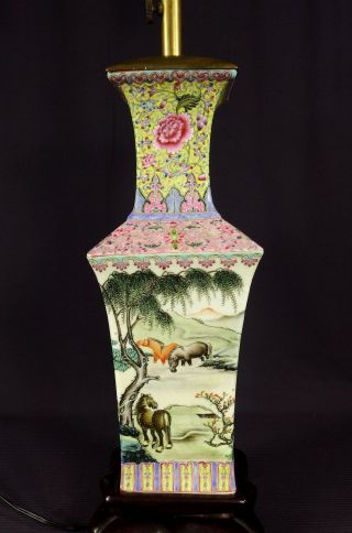 Old Chinese Porcelain Famille Rose Vase Yellow w/ Horses in Mountain Landscape 2