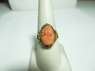 Antique 10k Solid Gold Ring With Hand Carved Coral Cameo