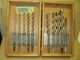 Old Early 10 Pc.  Irwin Wood Auger Bit Set In Old Wood Box - Bits