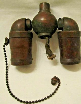 Antique Handel Hubbell Brass/bronze Double Light Socket W/acorn Finial Pullchain
