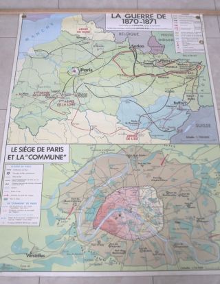 Vintage French School History Map.  Paris Commune 1870 - 71.  100cm X 90cm.  1970.