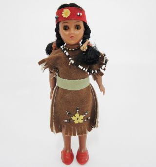 Vintage Native American Indian Girl Doll Plastic Faux Leather Beaded Dress 8 "