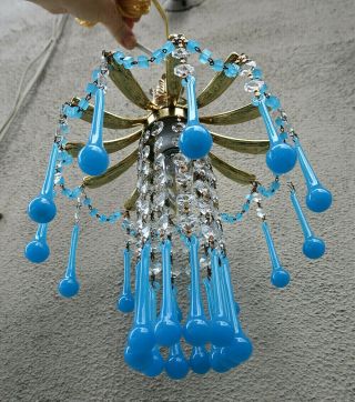 Palm Ceiling Lamp Brass Chandelier Vintage Opaline Blue Glass Crystal Prisms
