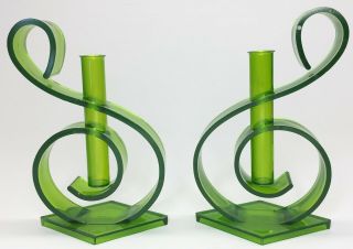 Vintage Green Plastic Treble Clef Music Note Bud Vases Made In Hong Kong